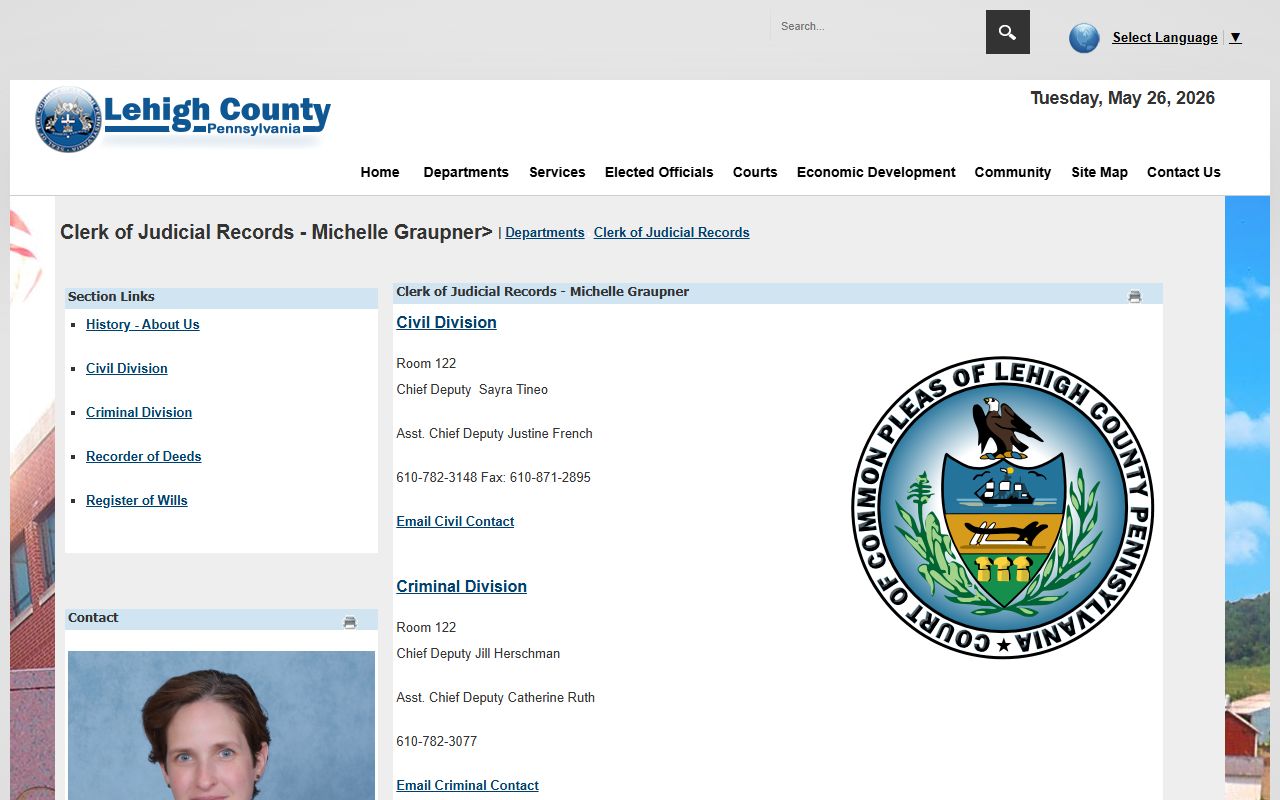 Lehigh County Clerk of Judicial Records page for court records access