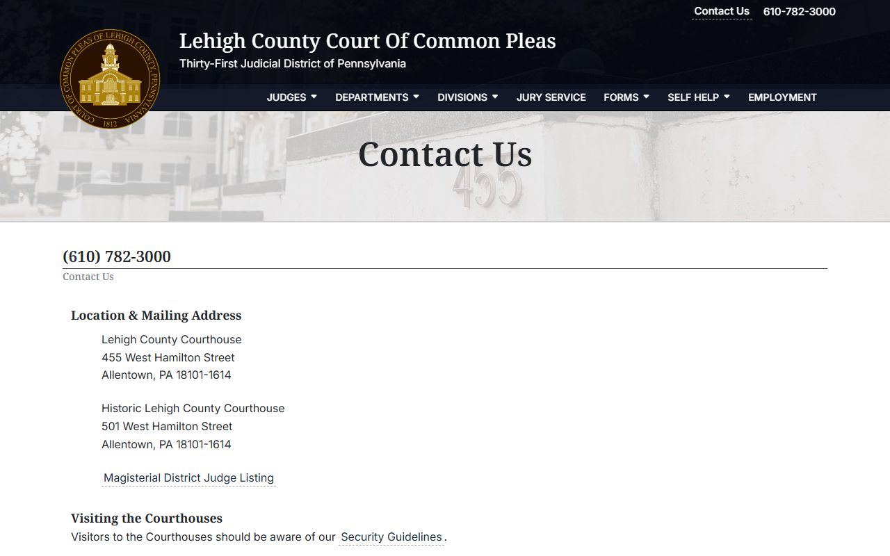 Lehigh County Court records contact page with courthouse addresses and phones