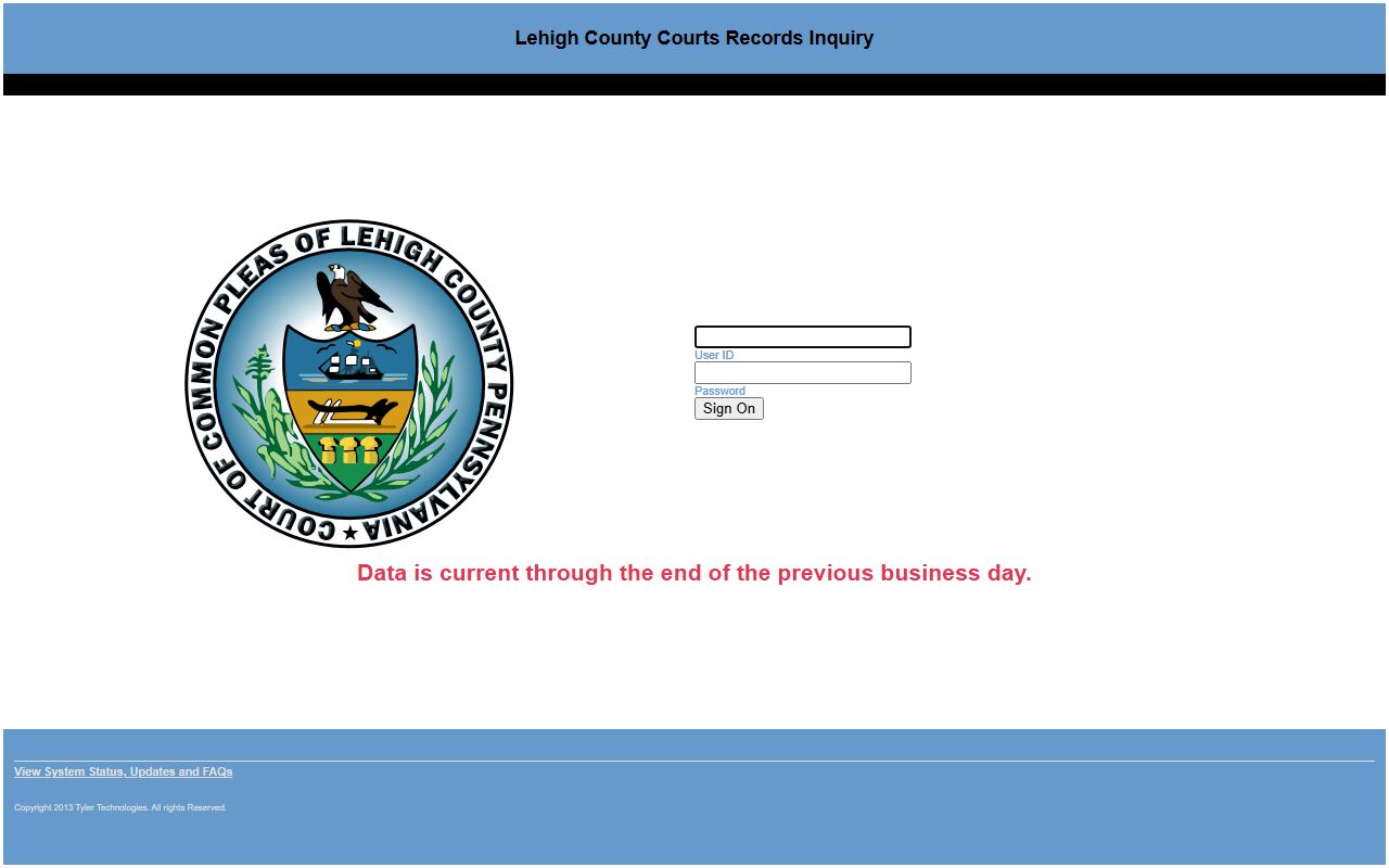 Lehigh County court records Odyssey sign-in screen