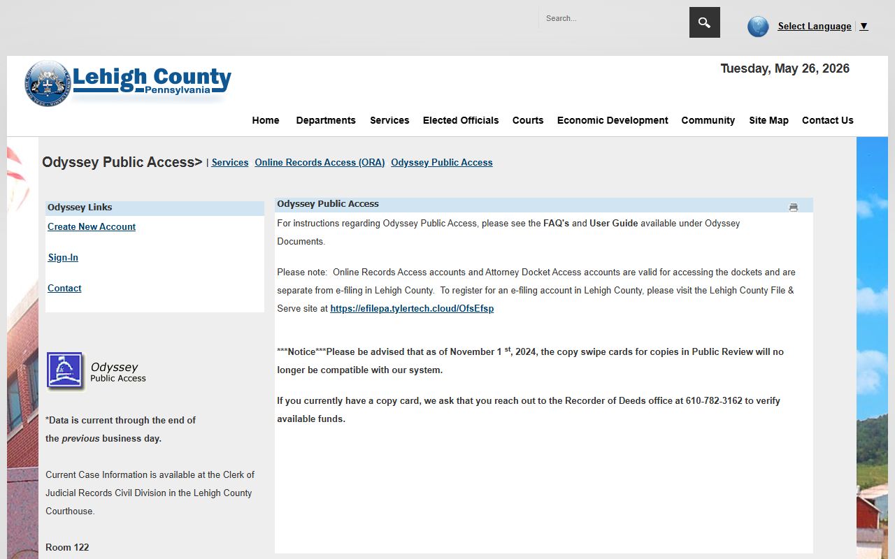 Lehigh County court records Odyssey Public Access account page