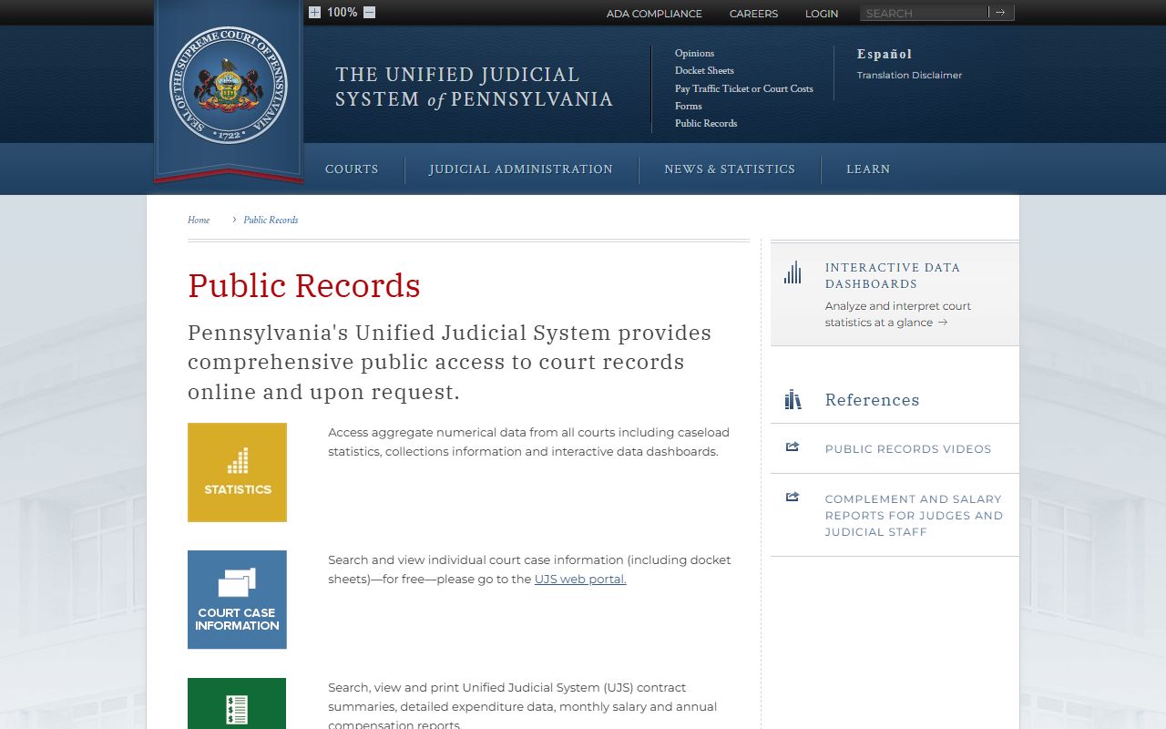 Lehigh County court records public access policy on the UJS public records page