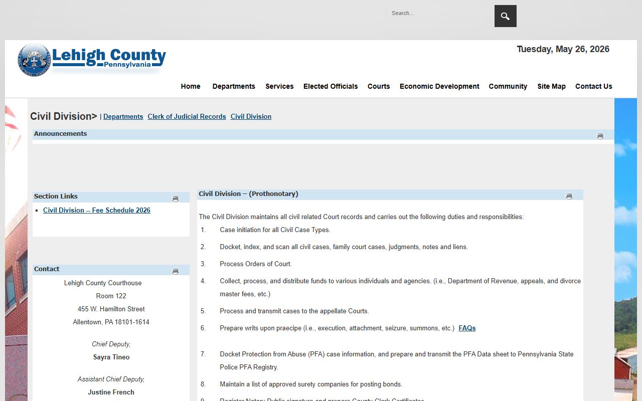 Lehigh County Clerk of Judicial Records Civil Division page with court records contacts