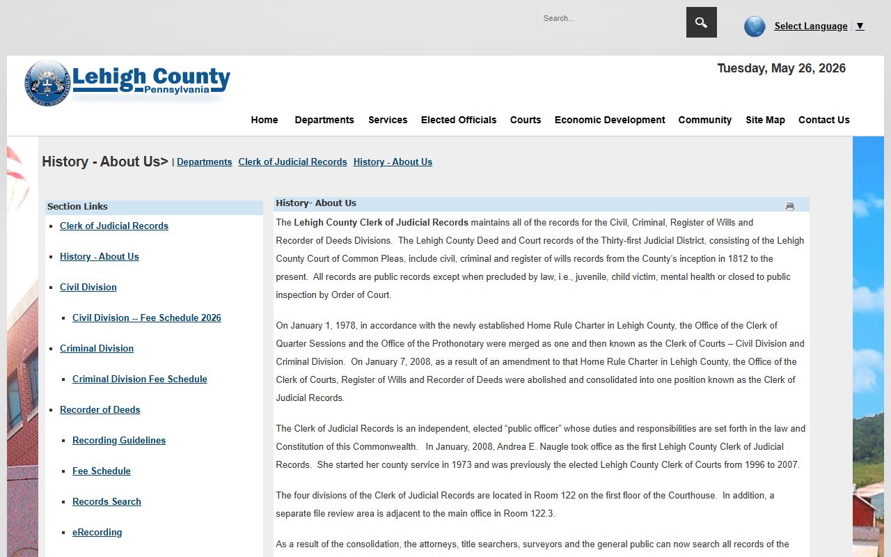 Lehigh County Clerk of Judicial Records history page explaining the office consolidation