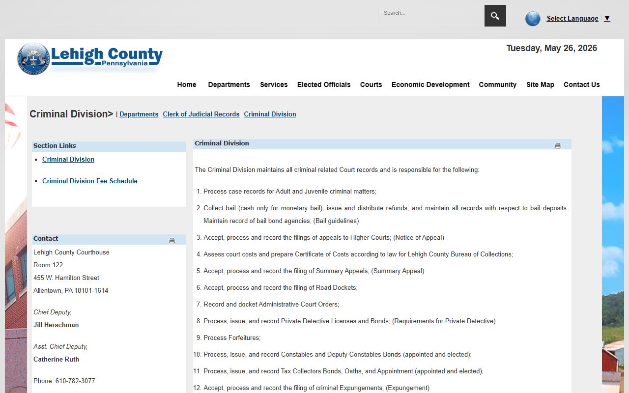 Lehigh County Clerk of Judicial Records Criminal Division page for court records and bail
