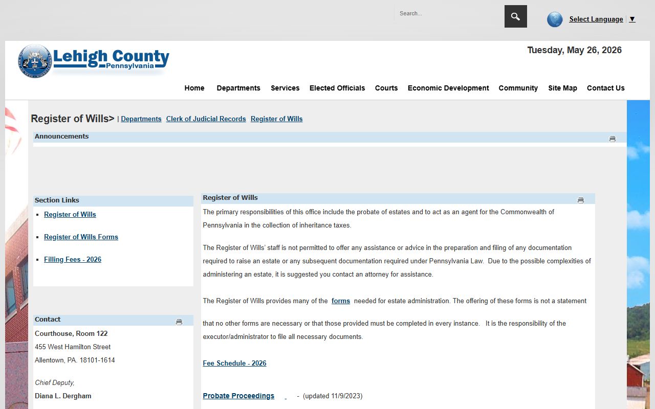 Lehigh County Clerk of Judicial Records Register of Wills Division page for probate court records