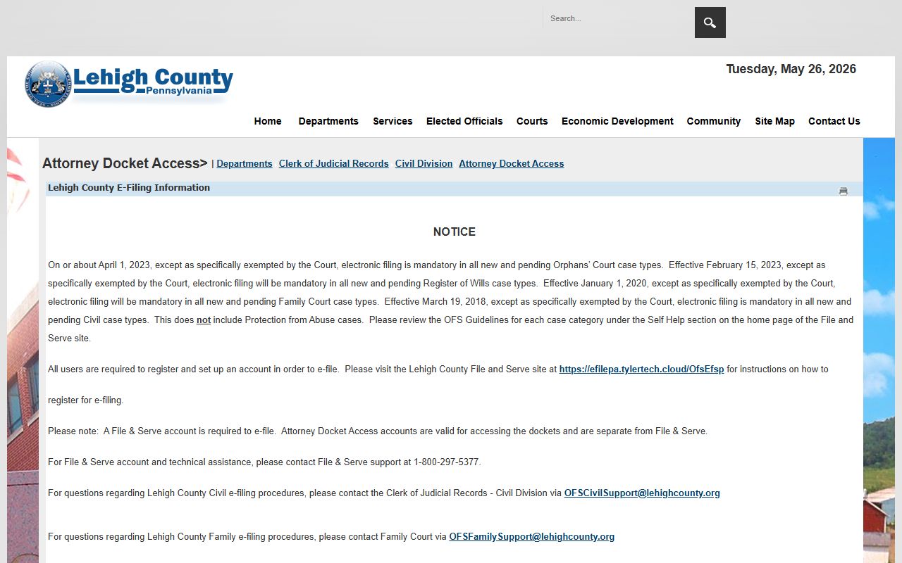 Lehigh County court dockets attorney docket access page for civil cases