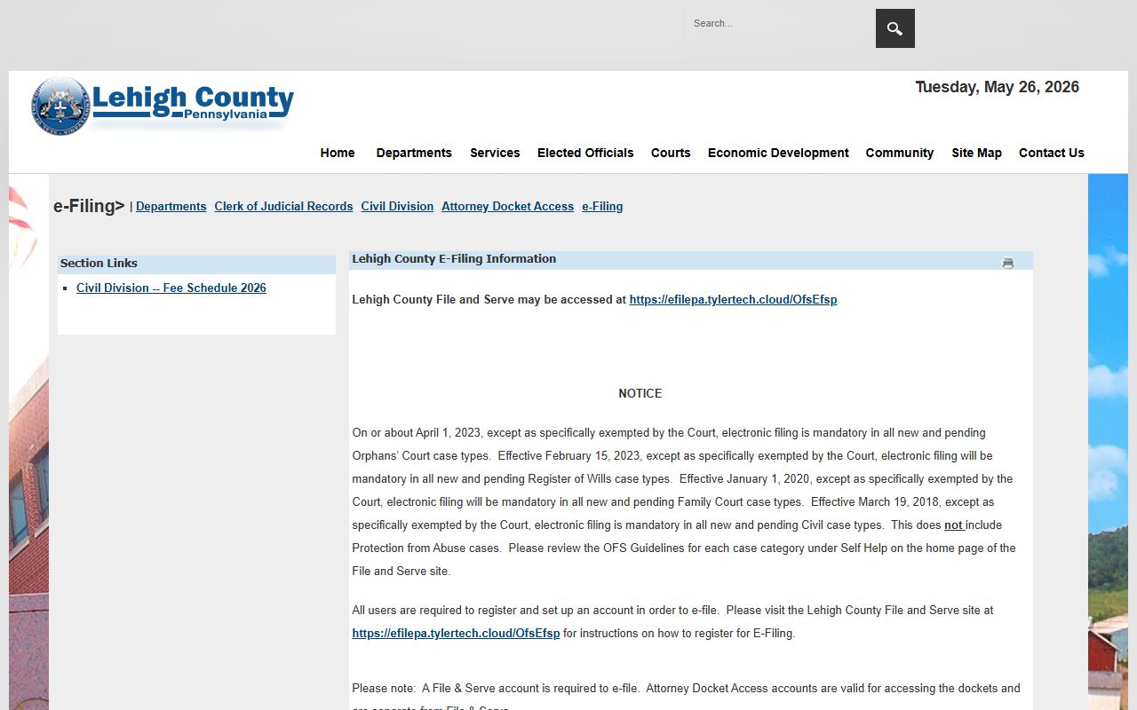 Lehigh County court dockets county e-filing information page