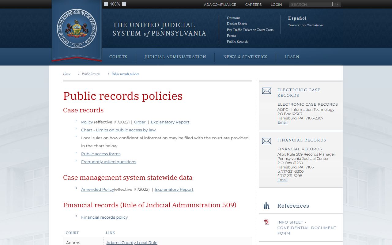 Lehigh County court records case-record public access policy on the UJS site