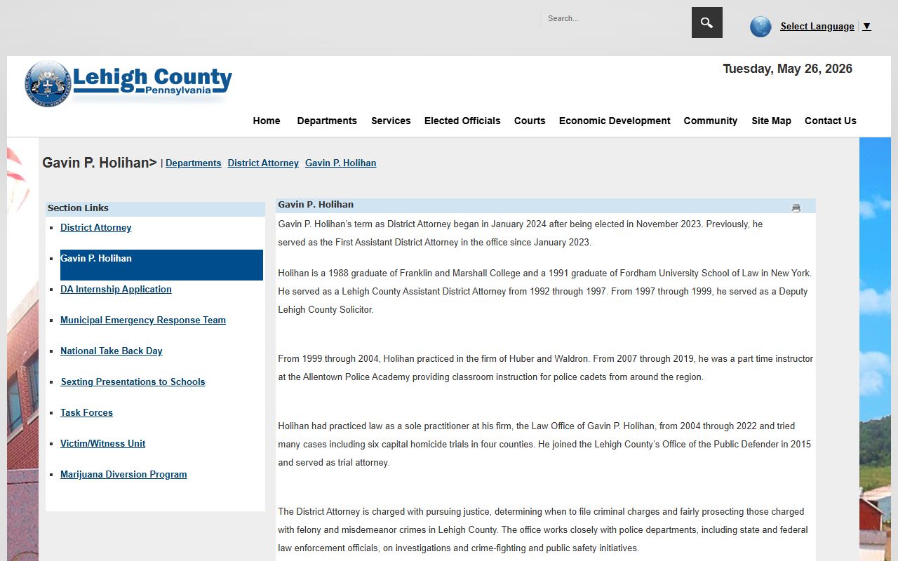 Lehigh County arrest records District Attorney Gavin P. Holihan biography