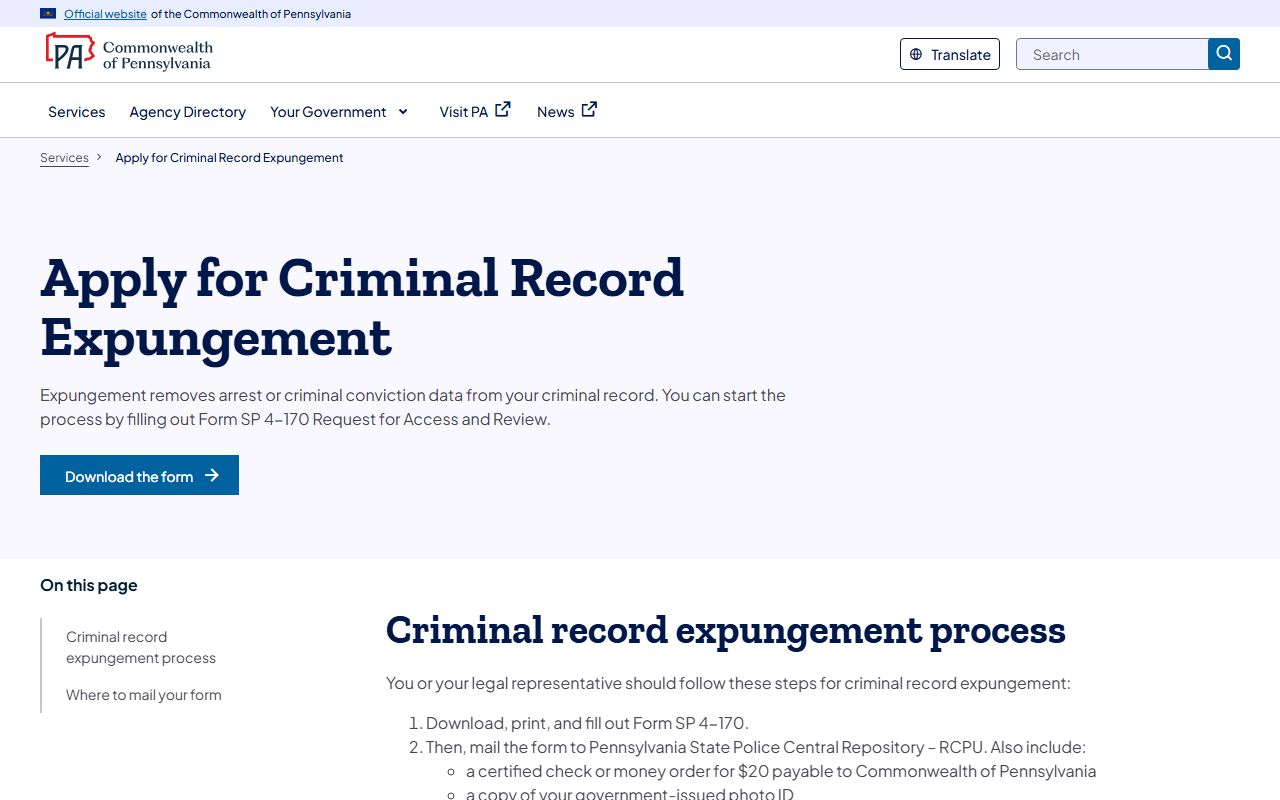 Lehigh County arrest records Pennsylvania State Police expungement process page