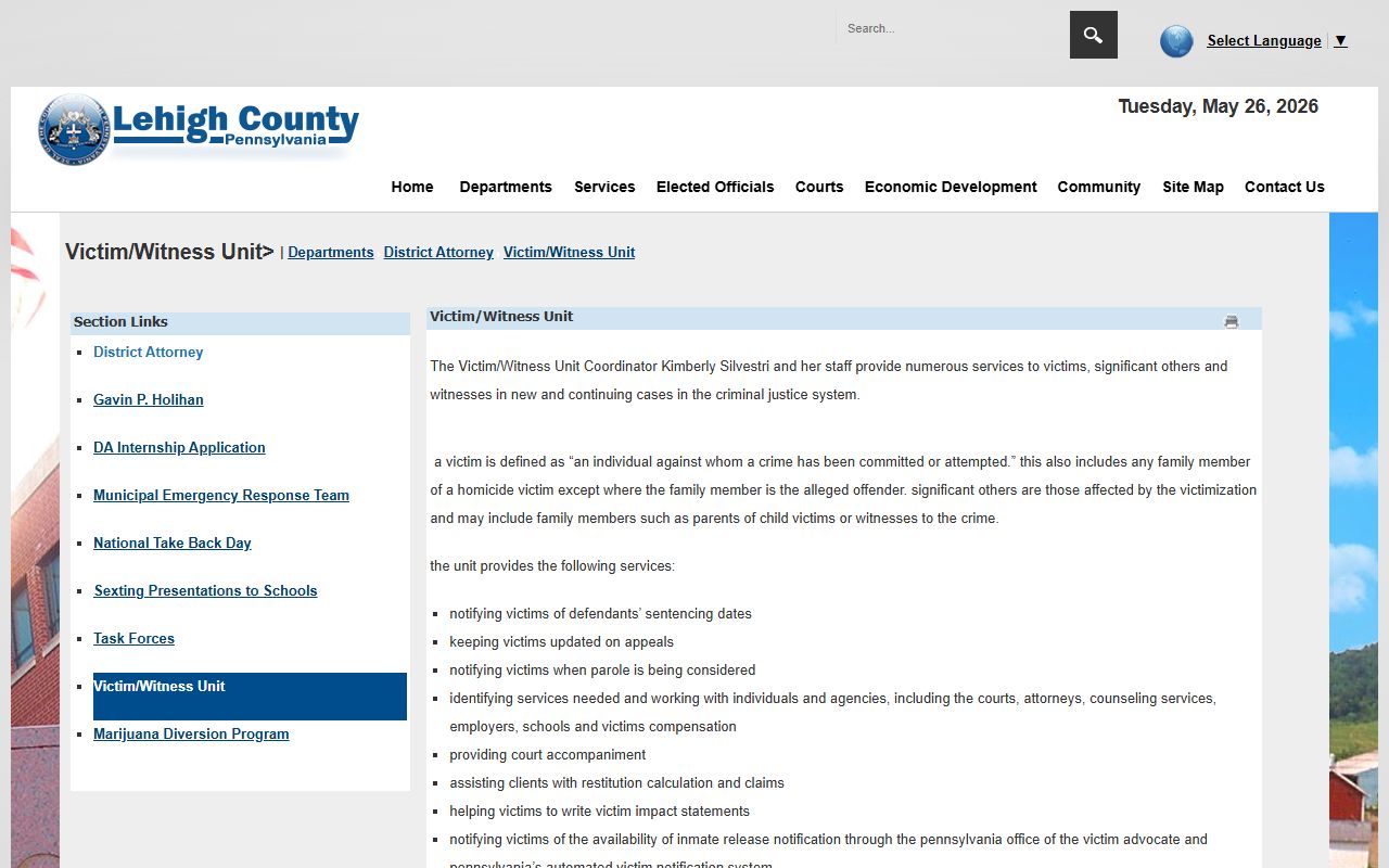 Lehigh County arrest records Victim Witness Unit services page