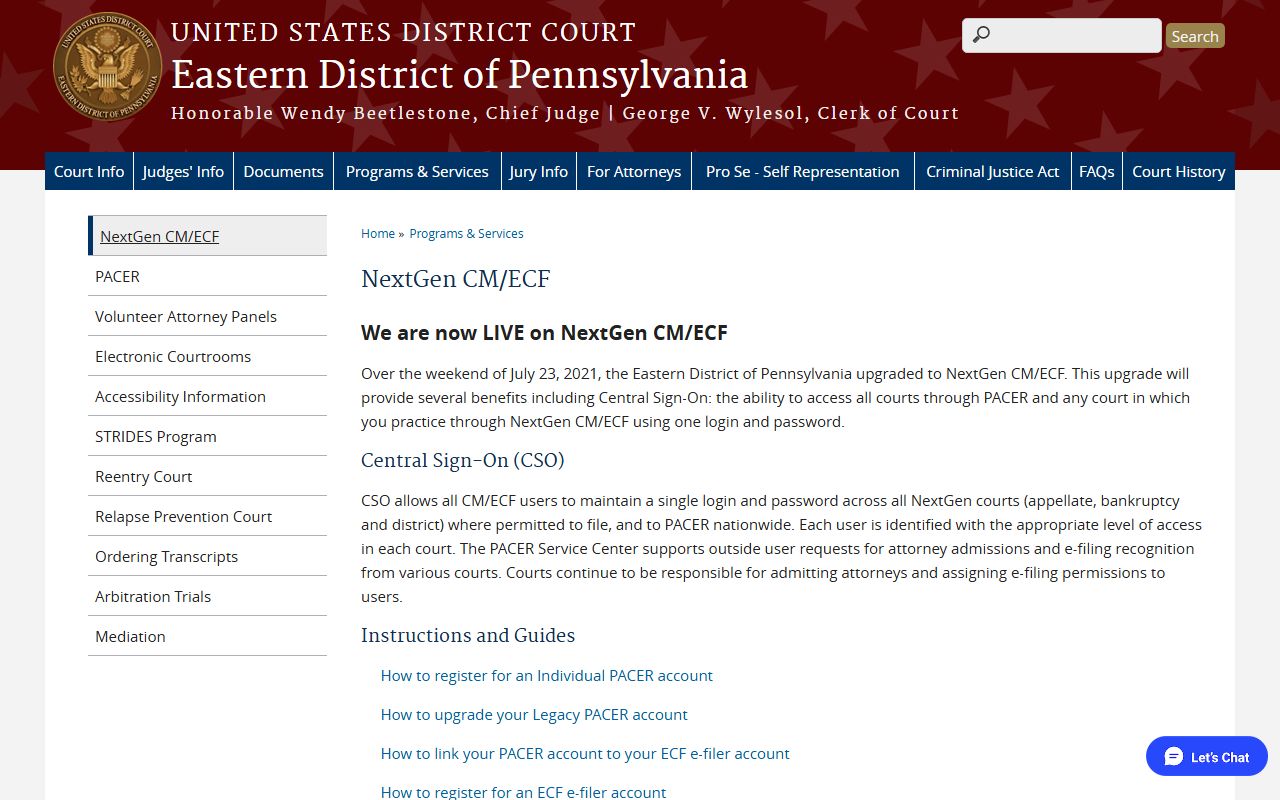 Lehigh County Court of Common Pleas note on the Eastern District NextGen CM/ECF page for the federal court serving Lehigh County