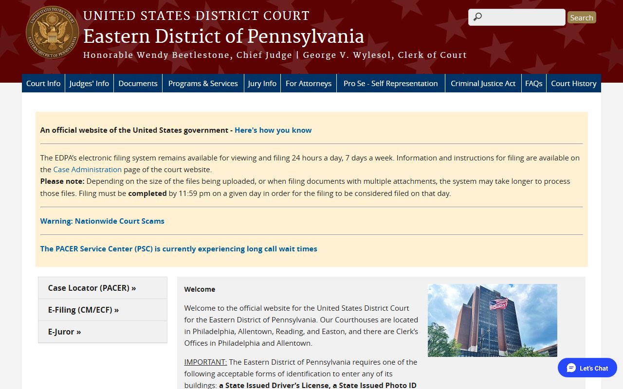 Lehigh County Court of Common Pleas guide to the federal court near Lehigh County, Eastern District of Pennsylvania home page