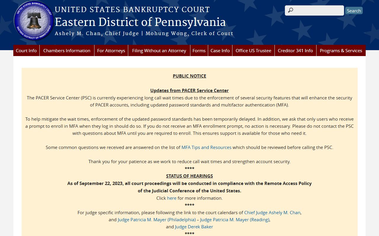 Lehigh County Court of Common Pleas link to the federal bankruptcy court serving Lehigh County in the Eastern District of Pennsylvania