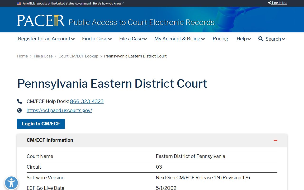 Lehigh County Court of Common Pleas reference to the PACER CM/ECF lookup for the federal court serving Lehigh County