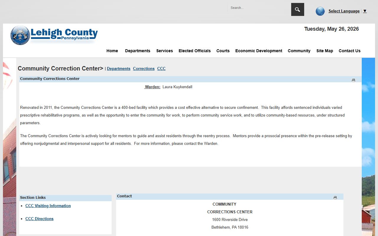 Lehigh County inmate population data and Community Corrections Center work release facility page