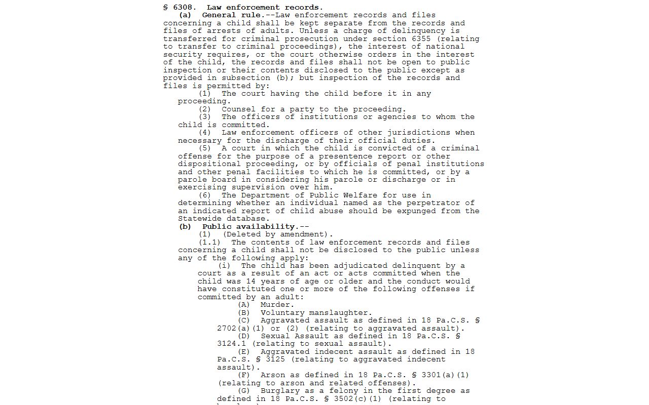 Lehigh County Orphans' Court juvenile law records statute 42 Pa.C.S. 6308 access rules