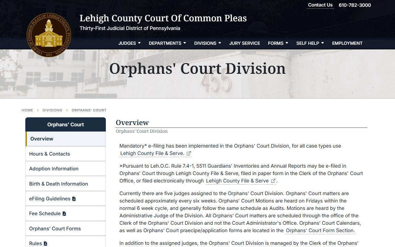 Lehigh County Orphans' Court division page describing estate and probate records