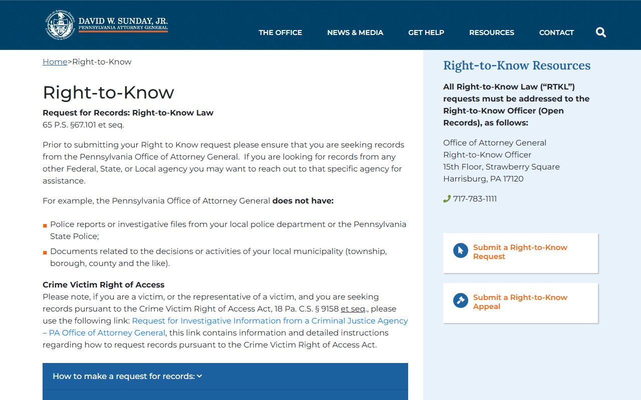 Lehigh County public records Pennsylvania Attorney General Right-to-Know page