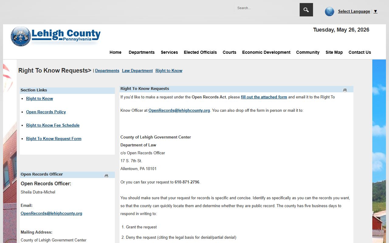 Lehigh County public records Right-to-Know Law Department request page