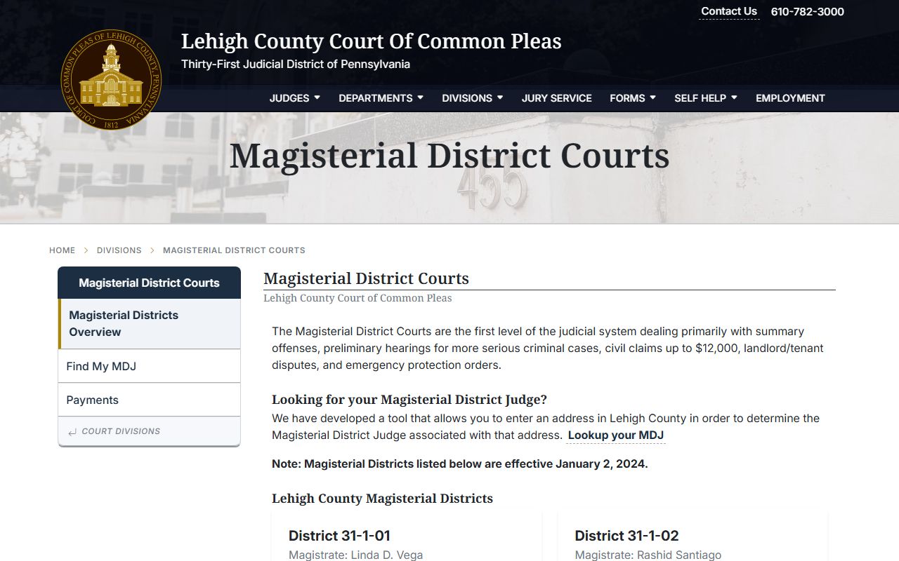 Lehigh County traffic court records Magisterial District Court listing with judges and addresses