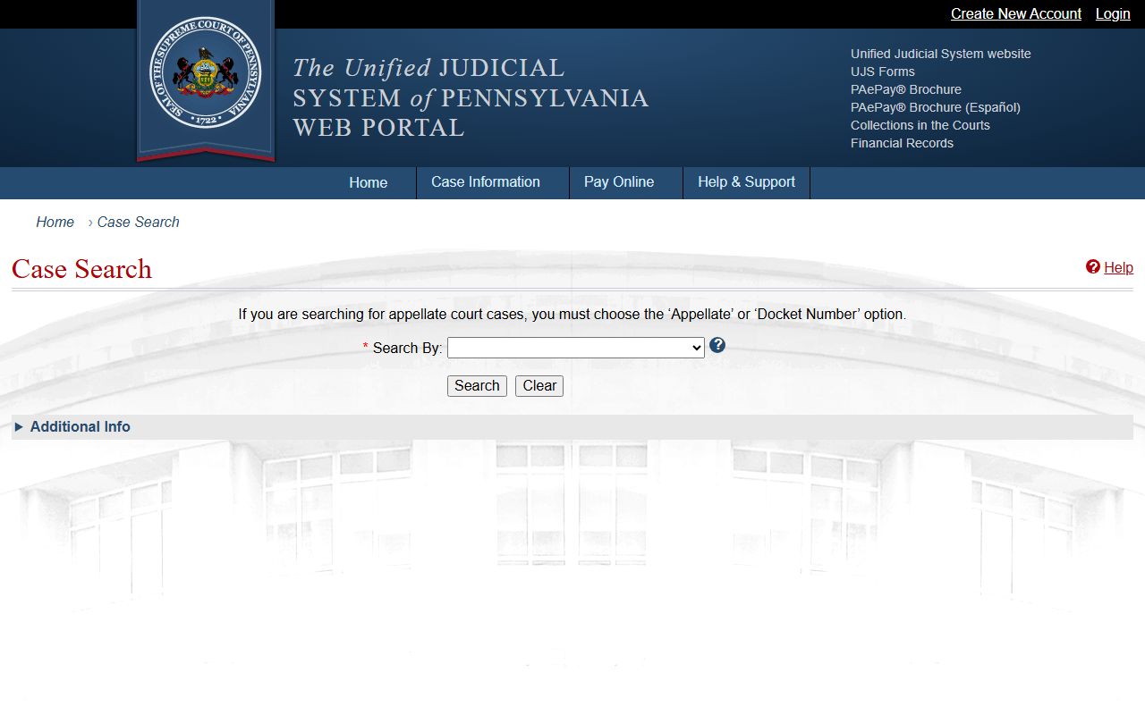 Lehigh County traffic court records search fields on the Pennsylvania UJS Case Search portal