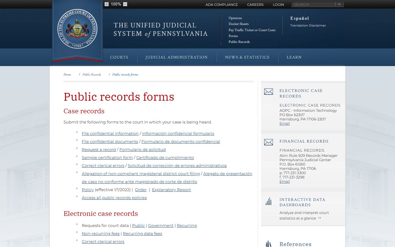 Lehigh County traffic court records request forms on the UJS public records forms page