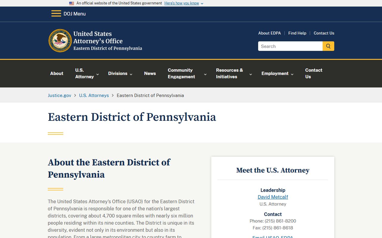 Lehigh County warrant context with the U.S. Attorney Eastern District of Pennsylvania